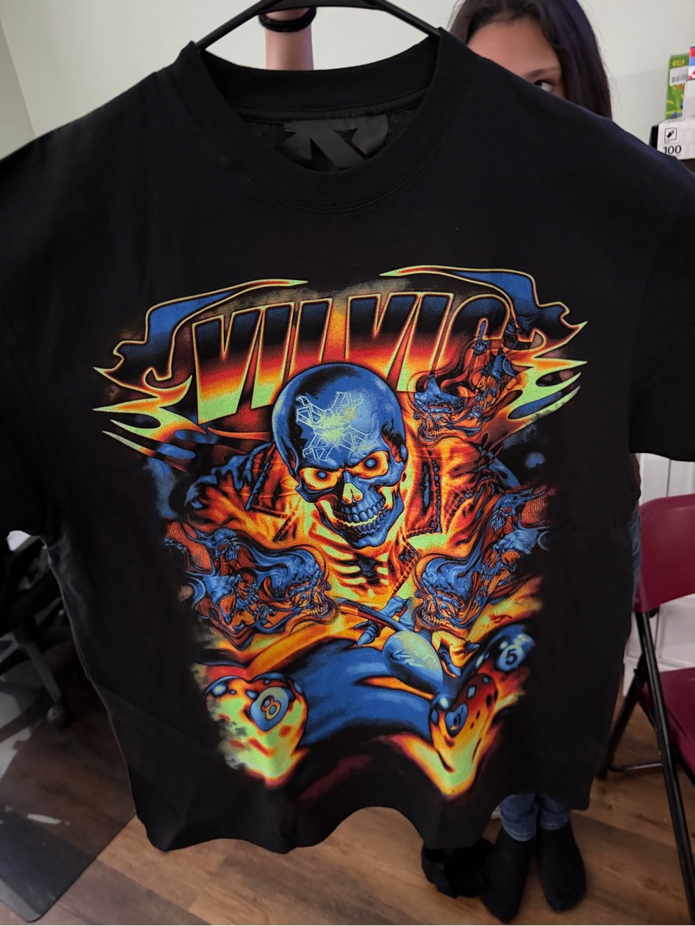 Black Graphic Skull & Flame Tee with Neon Print